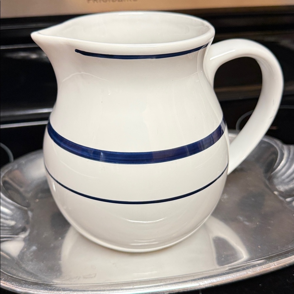 Vintage Nautica Signature White Navy Ceramic Water Pitcher Antique